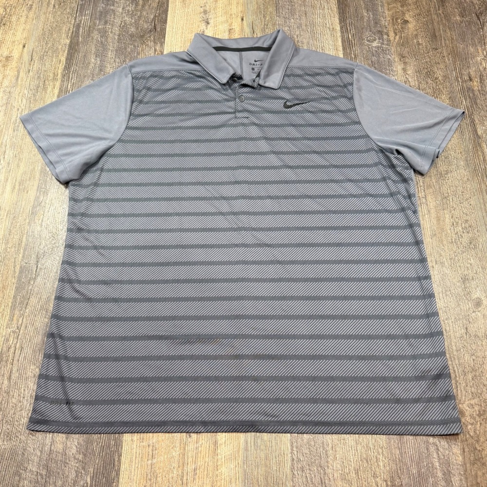 Nike Polo Shirt Mens 2XL Grey Striped Dri-FIT Golf Performance 929140-011